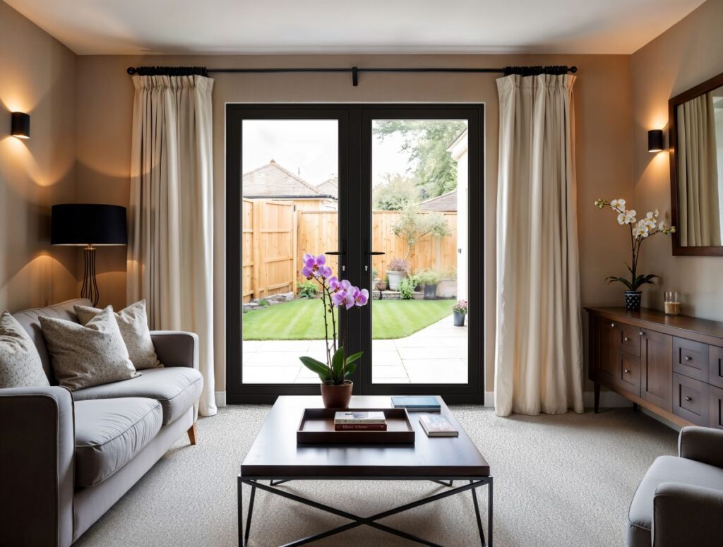 Warm living room with Omnia Flush french doors